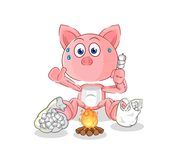 Pig Roasting Marshmallows Cartoon Mascot Vecto — Stock Vector
