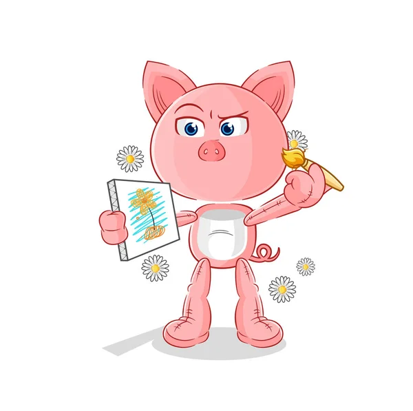 Pig Traditional Painter Cartoon Character Vecto — Stockvector