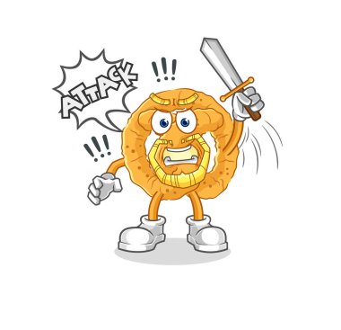 the pretzel knights attack with sword. cartoon mascot vecto