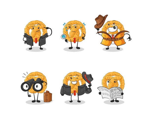 Pretzel Detective Group Character Cartoon Mascot Vecto — 图库矢量图片