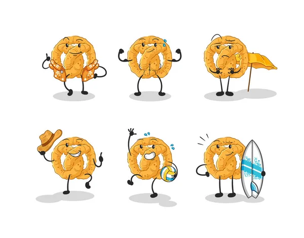 Pretzel Beach Vacation Set Character Cartoon Mascot Vecto — Stok Vektör