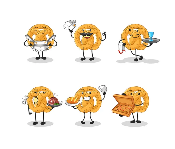 Pretzel Restaurant Group Character Cartoon Mascot Vecto — 图库矢量图片