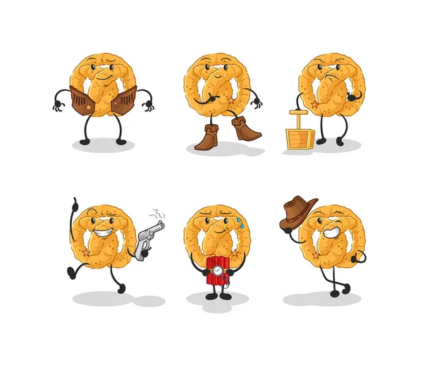 Pretzel Cowboy Group Character Cartoon Mascot Vecto — Stok Vektör