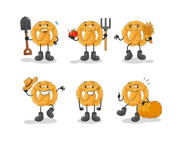 Caráter Grupo Agricultores Pretzel Mascote Desenhos Animados Vecto —  Vetores de Stock