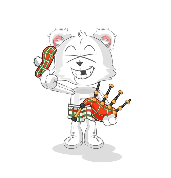 Polar Bear Scottish Bagpipes Vector Cartoon Characte — Stockvector