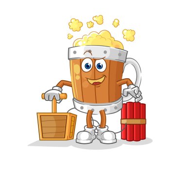 the beer mug holding dynamite detonator. cartoon mascot vecto