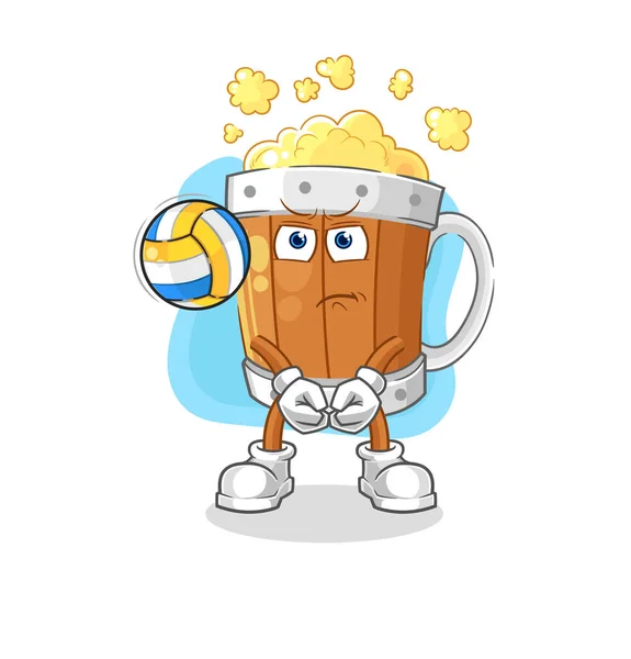 Пивная Кружка Играет Волейбол Талисман Cartoon Vecto — стоковый вектор