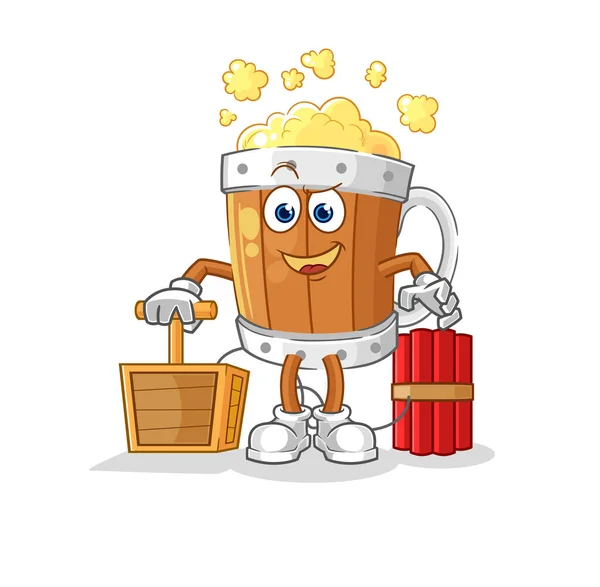 Beer Mug Holding Dynamite Detonator Cartoon Mascot Vecto — Stock Vector