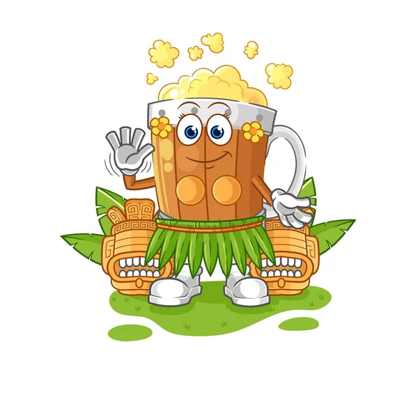 Beer Mug Hawaiian Waving Character Cartoon Mascot Vecto — Stock Vector