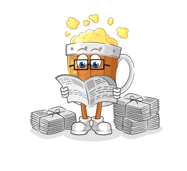 Beer Mug Read Newspaper Cartoon Character Vecto — Vetor de Stock