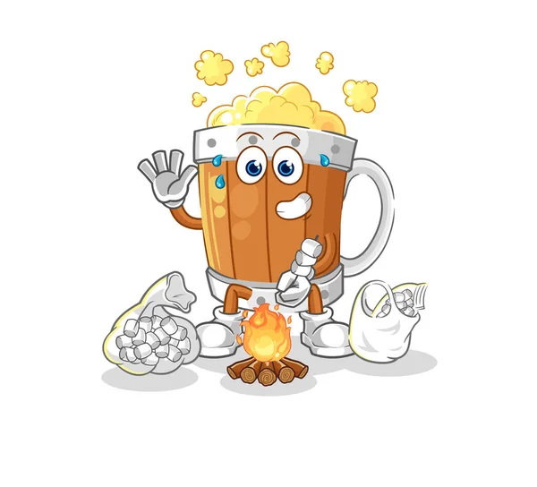 Beer Mug Roasting Marshmallows Cartoon Mascot Vecto — Vetor de Stock