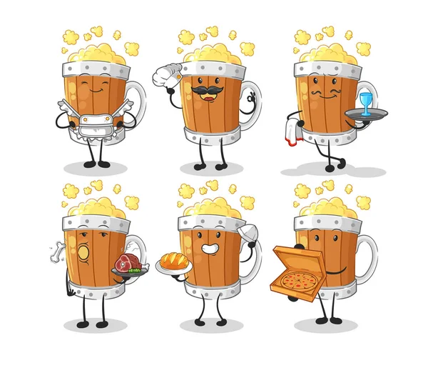 ビールマグカップレストラングループのキャラクター 漫画マスコット ベクトル — ストックベクタ