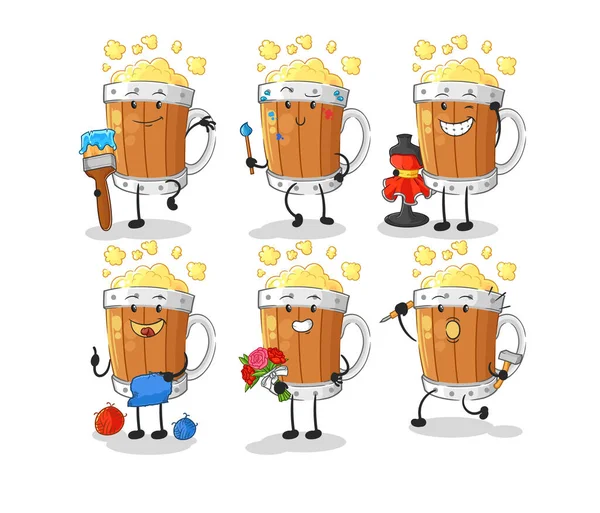 ビールマグカップアーティストグループのキャラクター 漫画マスコット ベクトル — ストックベクタ