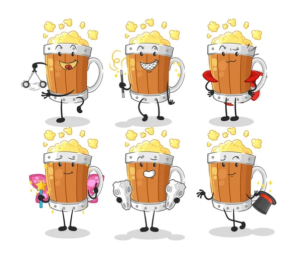 ビールマグカップマジックグループのキャラクター 漫画マスコット ベクトル — ストックベクタ