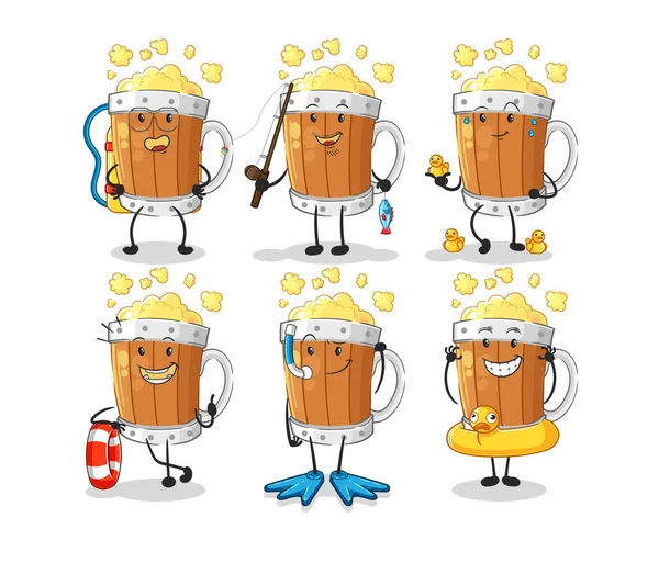 Beer Mug Water Activity Group Cartoon Mascot Vecto — ストックベクタ