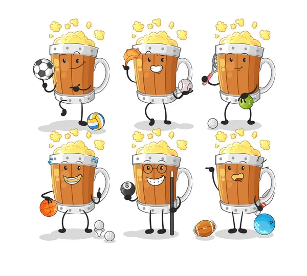 Beer Mug Sport Set Character Cartoon Mascot Vecto — ストックベクタ