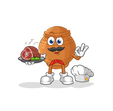 the clay pot chef with meat mascot. cartoon vecto