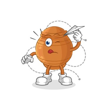 the clay pot with paper plane character. cartoon mascot vecto