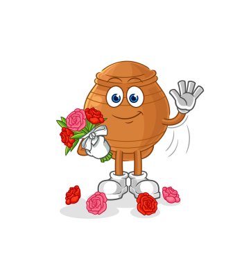 the clay pot with bouquet mascot. cartoon vecto
