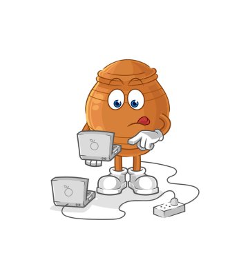 the clay pot with laptop mascot. cartoon vecto