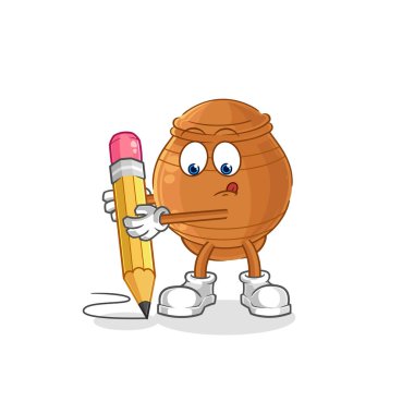 the clay pot write with pencil. cartoon mascot vecto