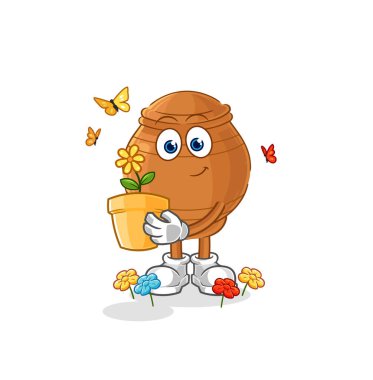 the clay pot with a flower pot. character vecto