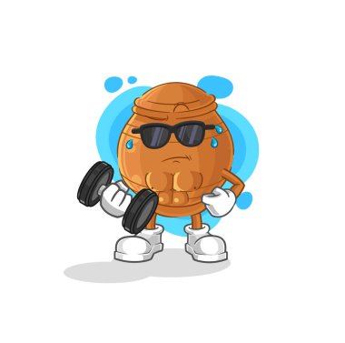 the clay pot lifting dumbbell vector. cartoon characte