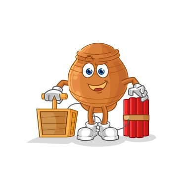 the clay pot holding dynamite detonator. cartoon mascot vecto