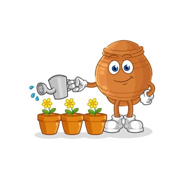 the clay pot watering the flowers mascot. cartoon vecto