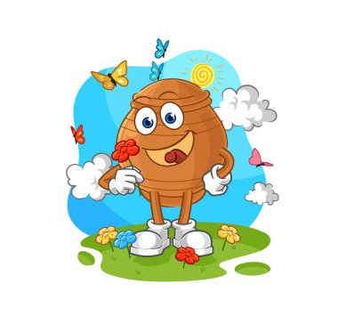 the clay pot pick flowers in spring. character vecto