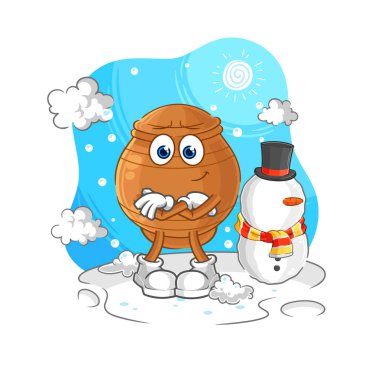 the clay pot in cold winter character. cartoon mascot vecto