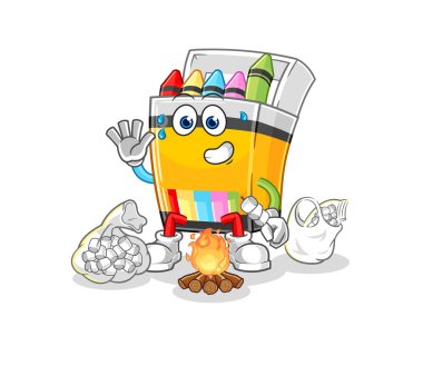 the crayon roasting marshmallows. cartoon mascot vecto