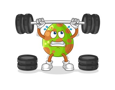 the dinosaur egg lifting the barbell character. cartoon mascot vecto