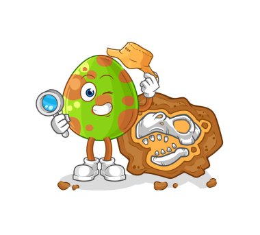 Fosil maskotlu dinozor yumurtası arkeologları. çizgi film vektosu