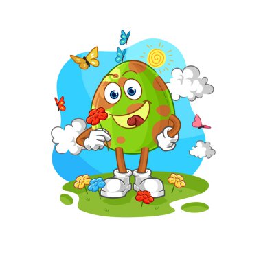 Dinozor yumurtası baharda çiçek toplar. karakter vektosu