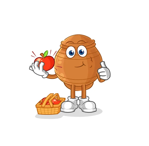 Clay Pot Eating Apple Illustration Character Vecto — Stock Vector