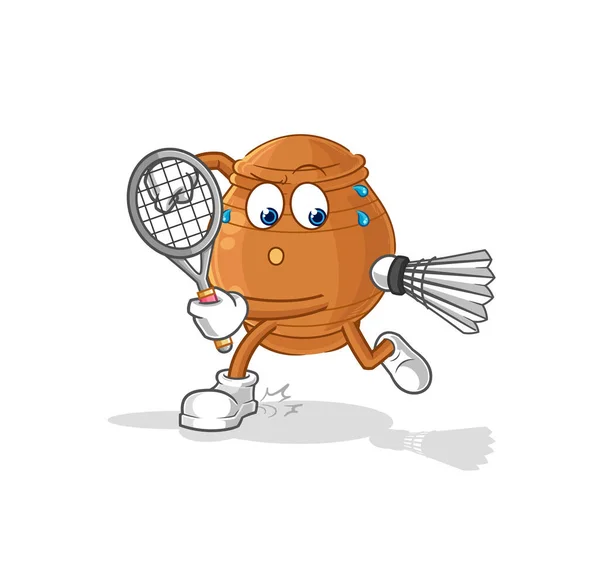 Clay Pot Playing Badminton Illustration Character Vecto — Stock Vector