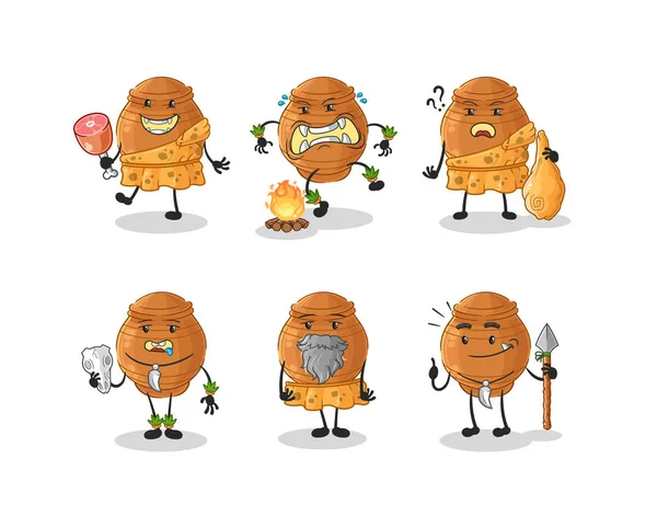 Clay Pot Primitive Man Group Character Mascot Vecto — Stock Vector