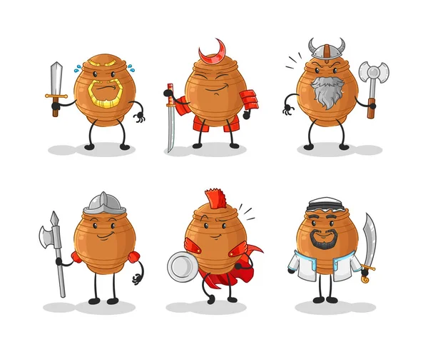 Personaje Del Grupo Guerrero Olla Barro Mascota Dibujos Animados Vecto — Vector de stock