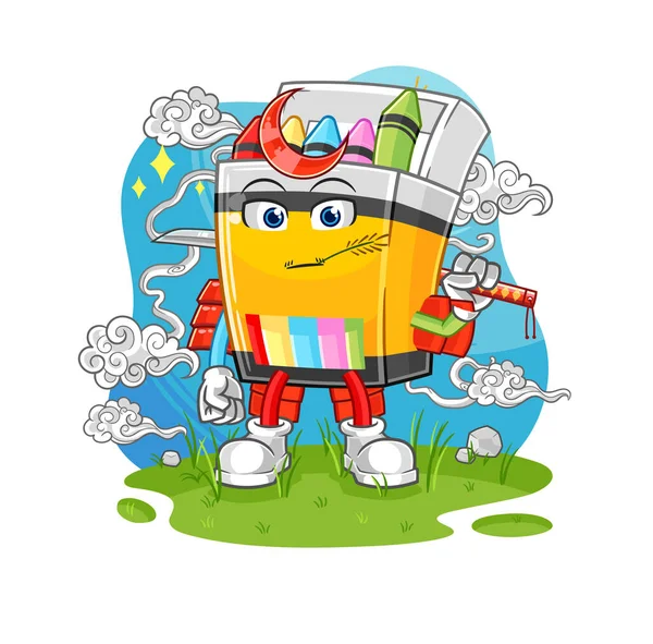 Crayon Samurai Cartoon Cartoon Mascot Vecto — Stok Vektör