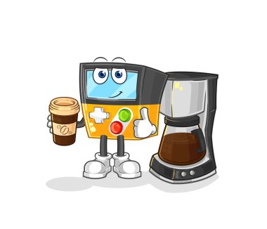 the gameboy drinking coffee illustration. character vecto