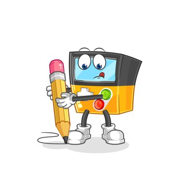the gameboy write with pencil. cartoon mascot vecto