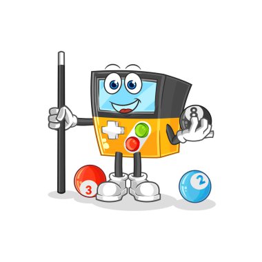 the gameboy plays billiard character. cartoon mascot vecto