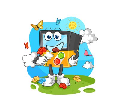 the gameboy pick flowers in spring. character vecto