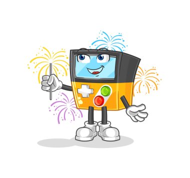 the gameboy with fireworks mascot. cartoon vecto