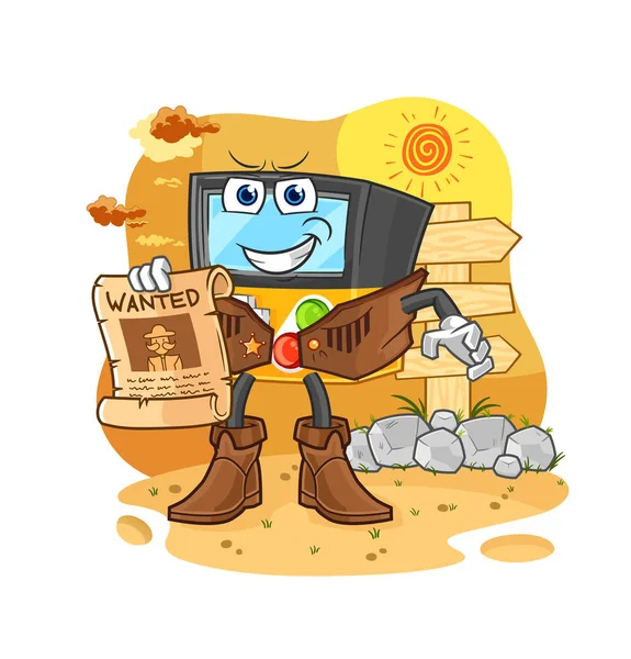 Gameboy Cowboy Wanted Paper Cartoon Mascot Vecto — ストックベクタ