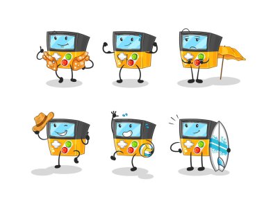 the gameboy beach vacation set character. cartoon mascot vecto
