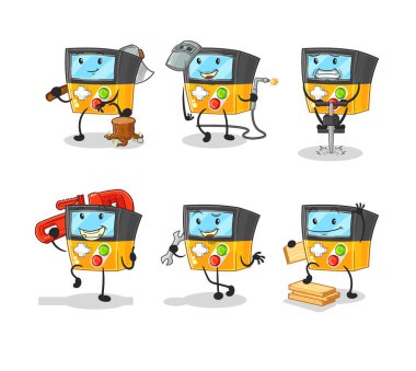 the gameboy worker set character. cartoon mascot vecto