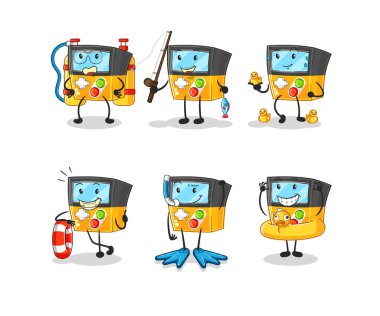 the gameboy water activity group. cartoon mascot vecto