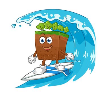 the soil layers surfing character. cartoon mascot vecto